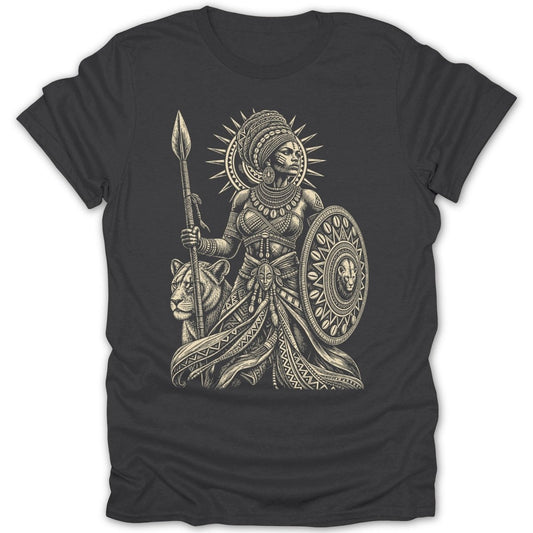 Detailed illustration of a warrior woman with a lion and spear on a dark t-shirt.