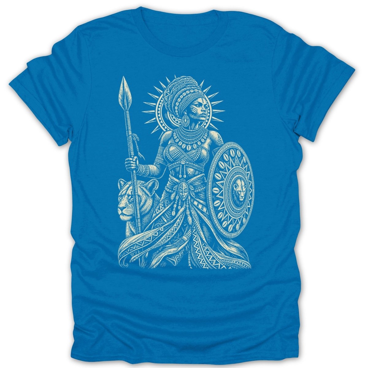 Blue t-shirt with a white illustration of a warrior woman with a spear and shield, next to a lion.