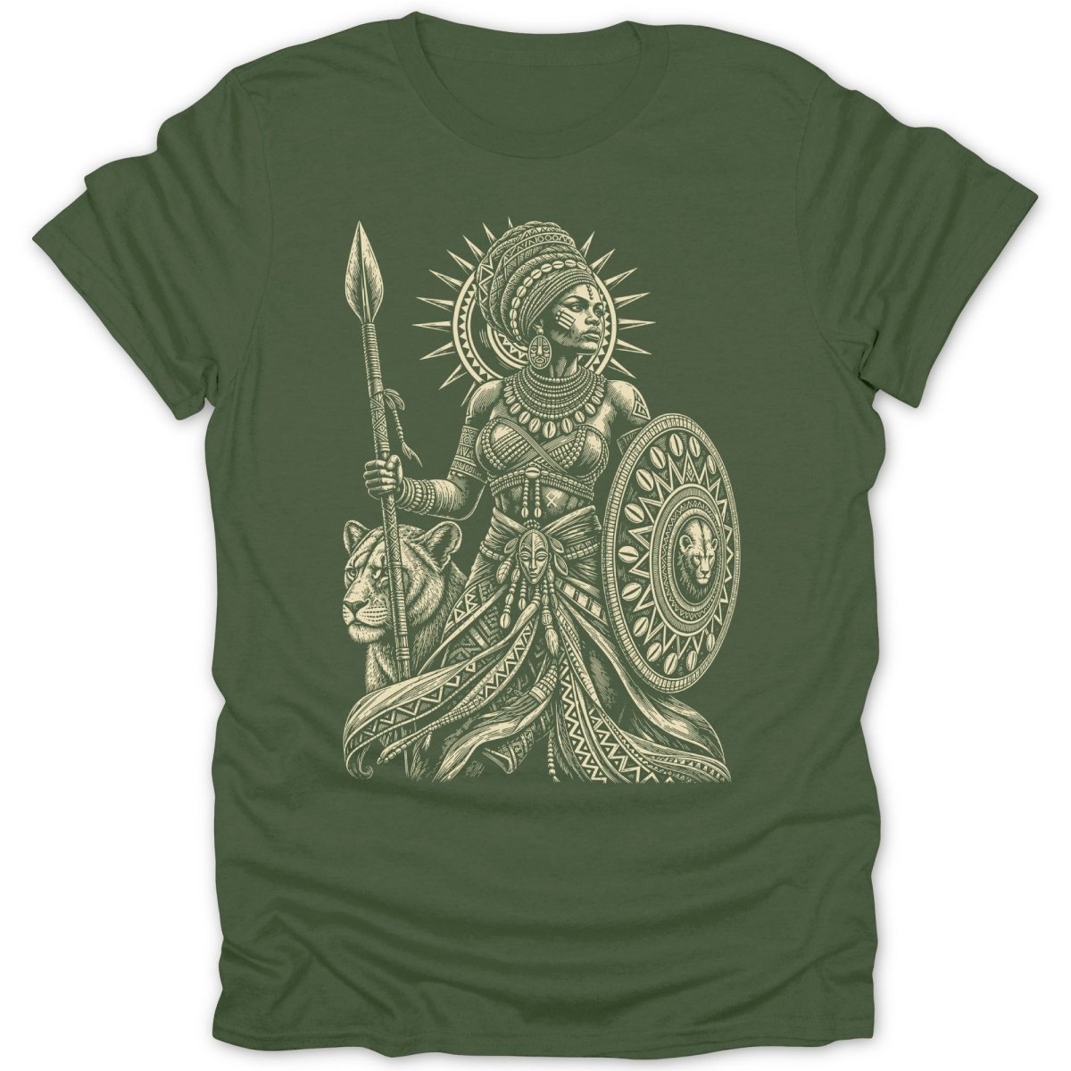 African warrior woman with lion, spear, and shield in sunburst design.