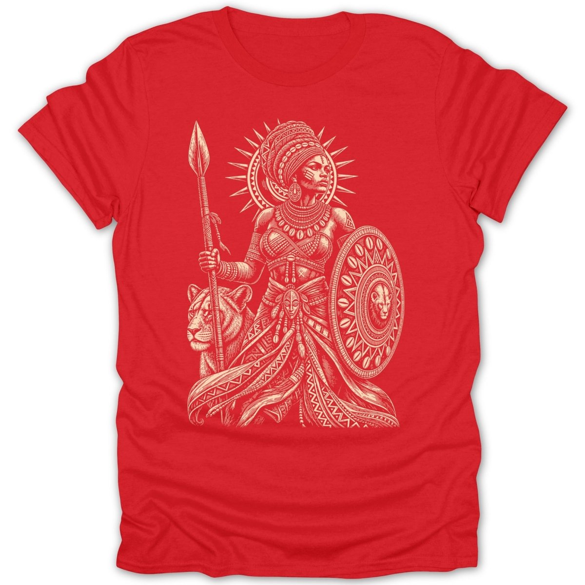 Warrior woman with spear, shield, and lion on a red t-shirt.