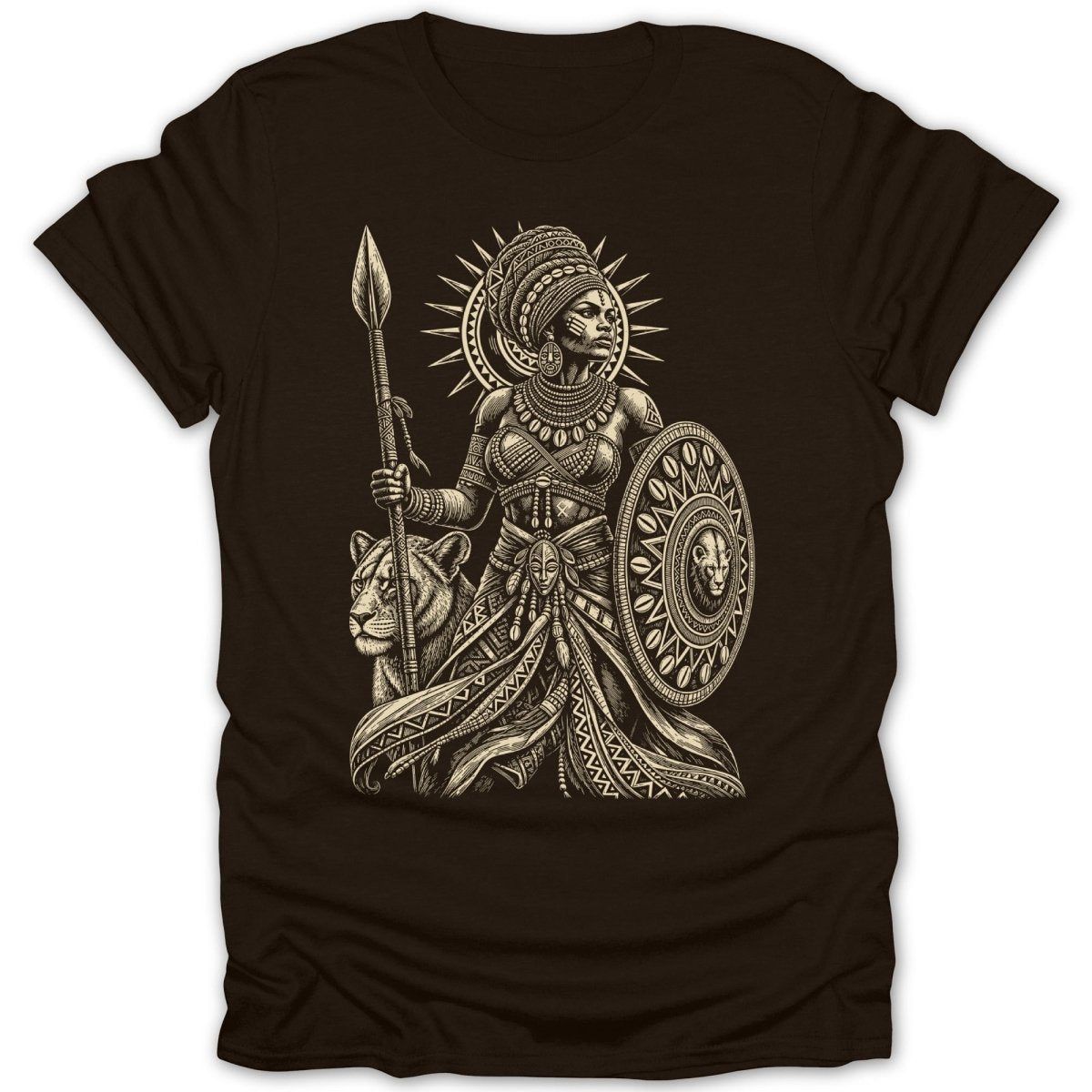 T-shirt with a tribal warrior woman, spear, shield, and lion illustration.