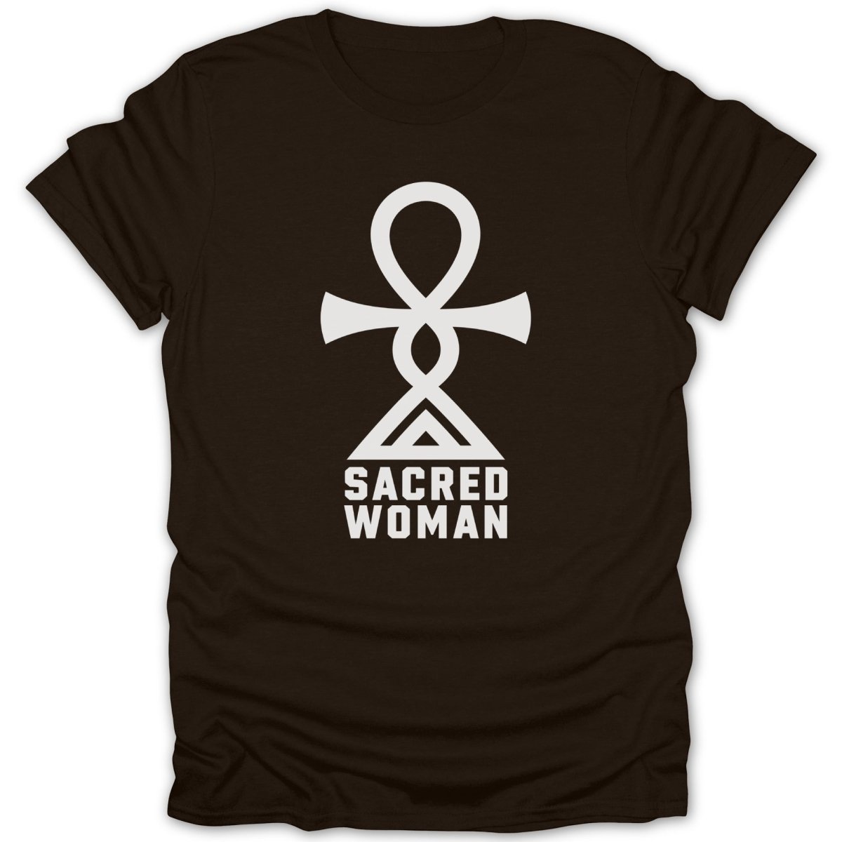 Brown t-shirt with white Ankh symbol and "SACRED WOMAN" text.