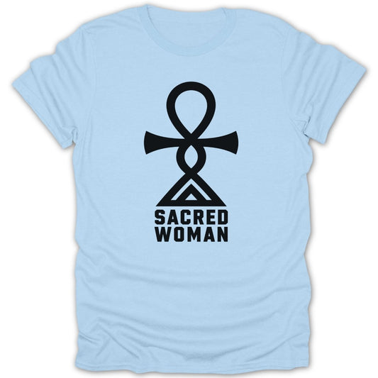 Light blue t-shirt with black Sacred Woman ankh symbol and text.