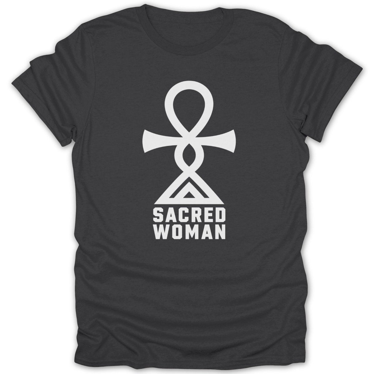 Dark t-shirt with a white ankh symbol and "SACRED WOMAN" text.