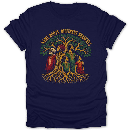 "Same Roots, Different Branches" text above family under tree roots.