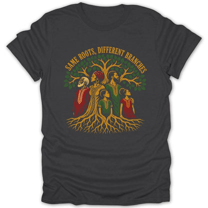 Brown and green tree with family roots and text: Same Roots, Different Branches.