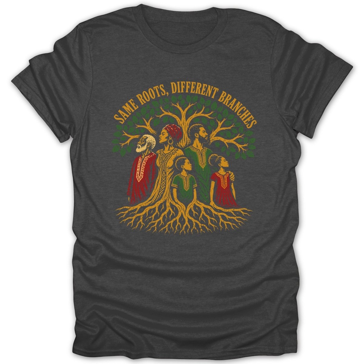 A family stands by a tree with roots and the text "SAME ROOTS, DIFFERENT BRANCHES".