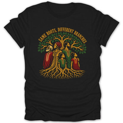 Tree with roots and a family of different generations, text "SAME ROOTS, DIFFERENT BRANCHES".