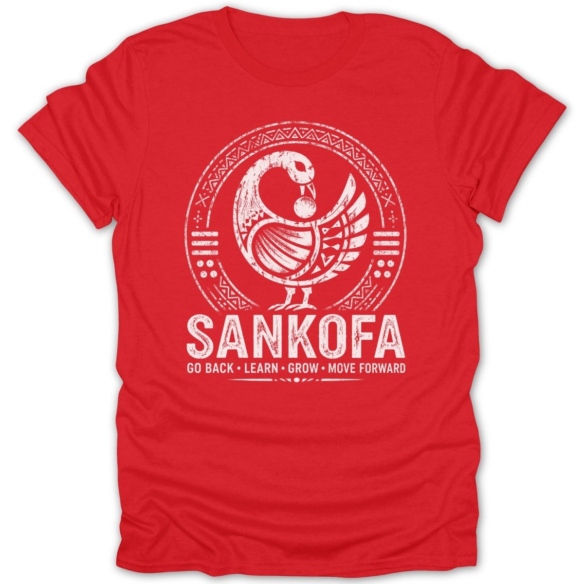 Red t-shirt with Sankofa bird symbol and "GO BACK • LEARN • GROW • MOVE FORWARD".