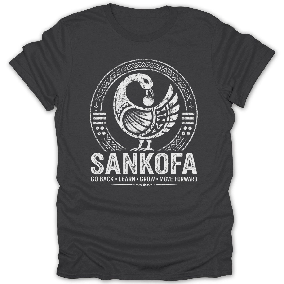 Dark t-shirt with white Sankofa bird emblem and "GO BACK LEARN GROW MOVE FORWARD" text.
