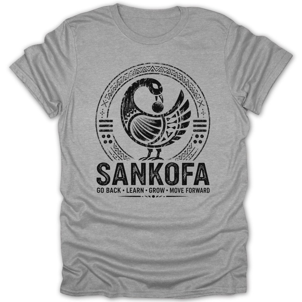 Grey t-shirt with black Sankofa symbol, bird, and text.