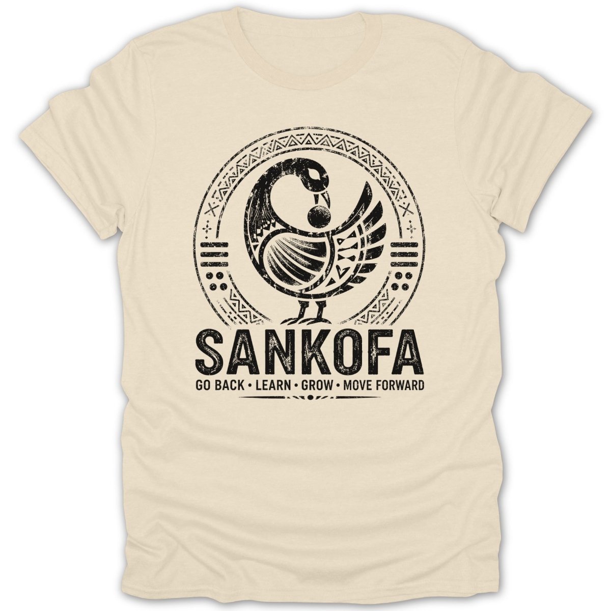 Sankofa symbol with "Go Back, Learn, Grow, Move Forward" text on a cream t-shirt.