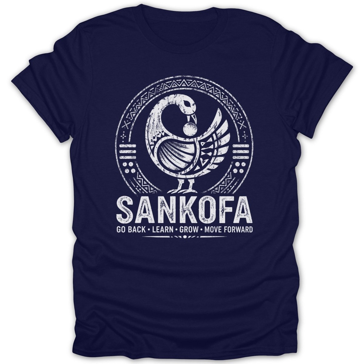 Navy t-shirt with Sankofa symbol and slogan "Go Back, Learn, Grow, Move Forward."