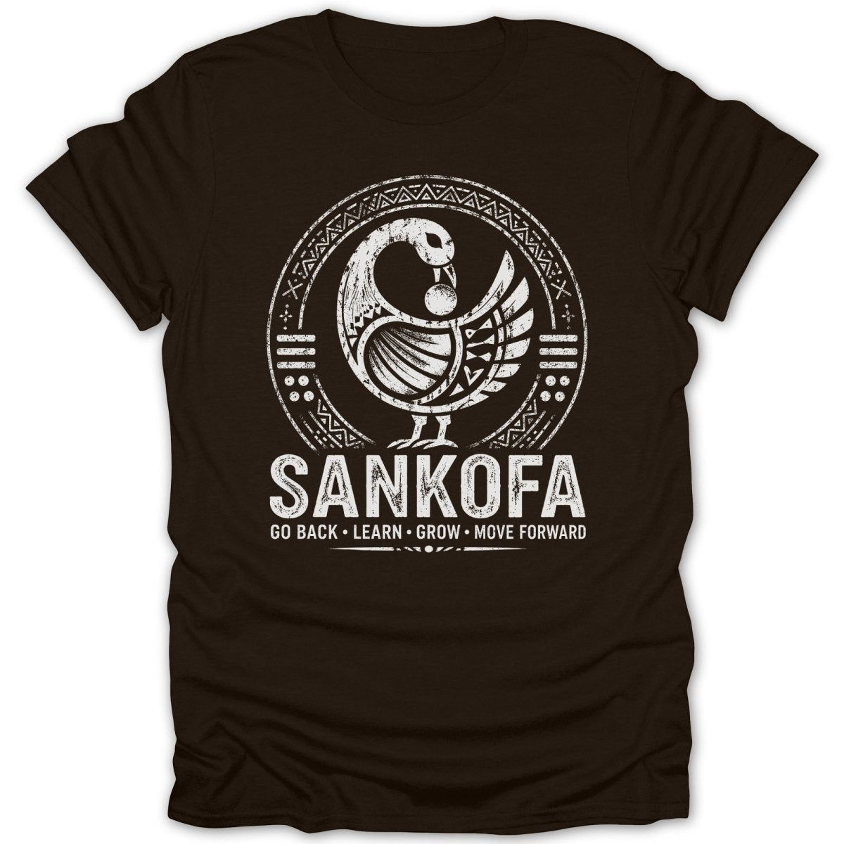 Brown t-shirt with Sankofa symbol and text "Go back, learn, grow, move forward."