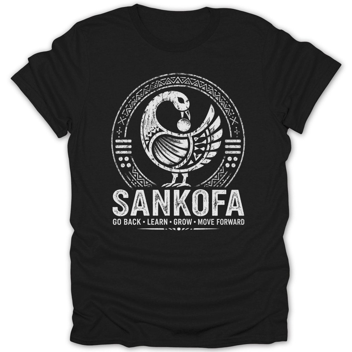 Black t-shirt with white Sankofa bird logo and text.
