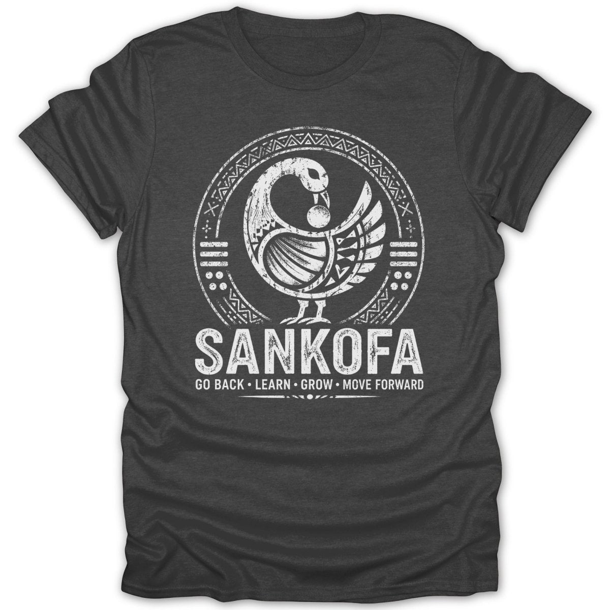 Dark t-shirt with white Sankofa bird logo and text.