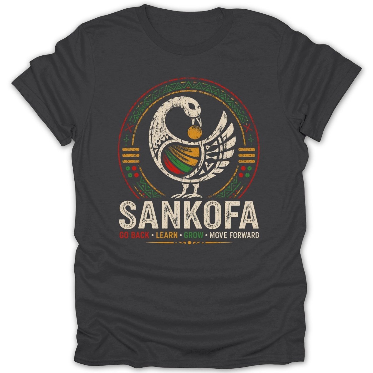 Dark t-shirt with a circular Sankofa bird graphic.