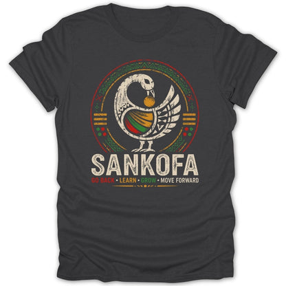 Dark t-shirt with a circular Sankofa bird graphic.