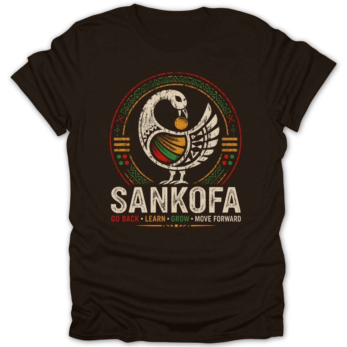 Dark t-shirt with Sankofa symbol, text, and bird design.