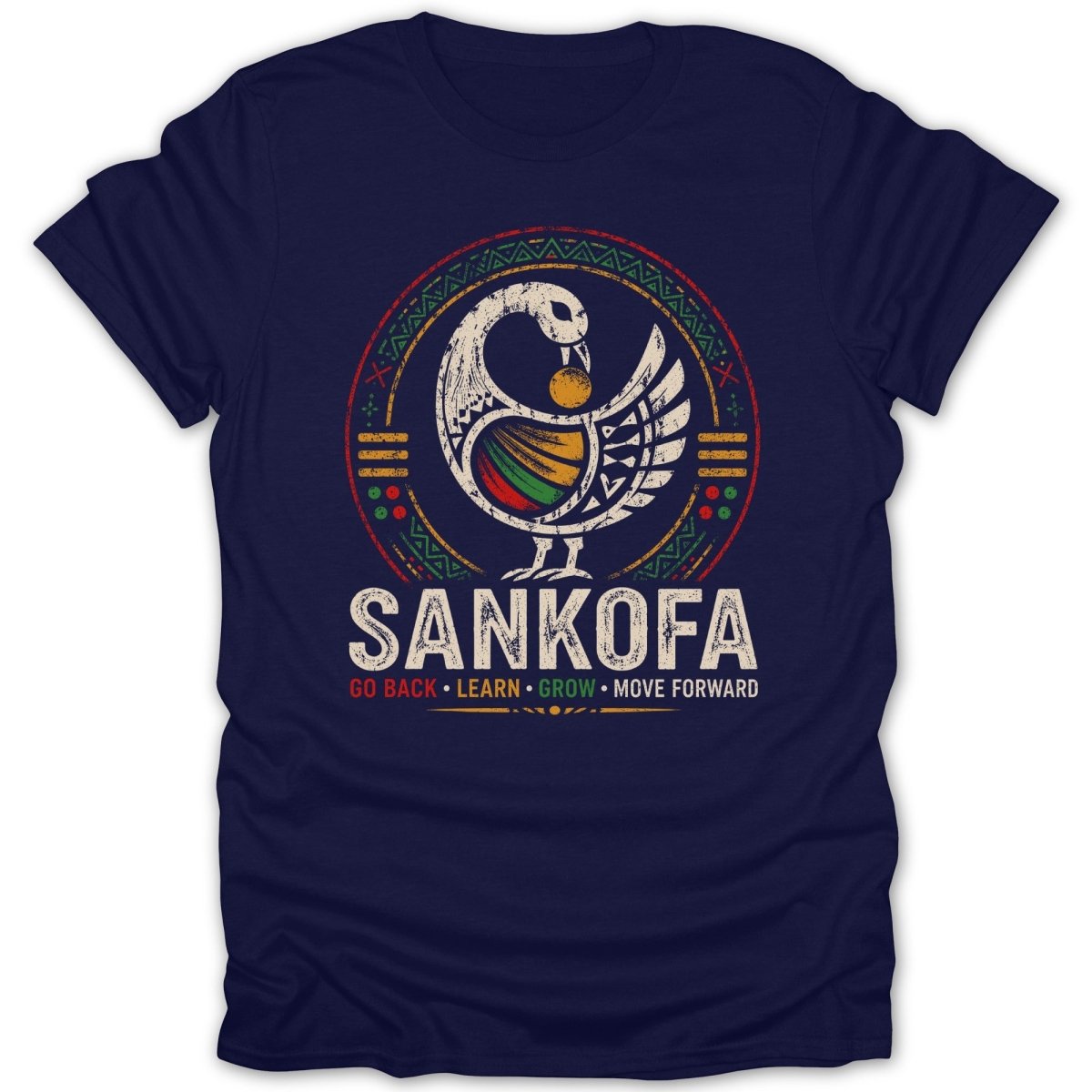 Navy t-shirt with Sankofa bird symbol and "Sankofa" text.