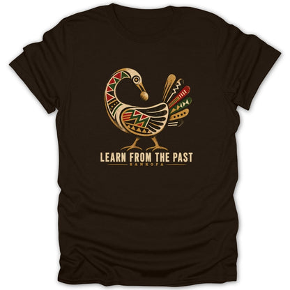 Brown t-shirt with Sankofa bird graphic and "Learn From The Past" text.