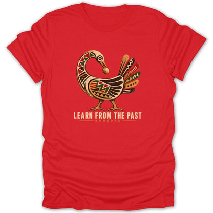 Red t-shirt with a stylized bird graphic and text "LEARN FROM THE PAST SANKOFA".