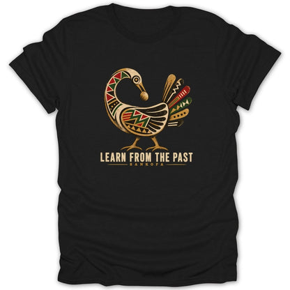 Black t-shirt with Sankofa bird graphic and text "Learn From The Past".