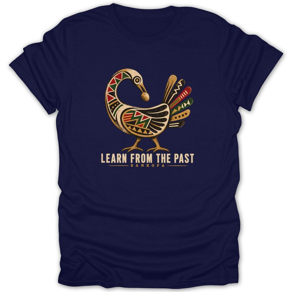 Navy t-shirt with a graphic of a colorful Sankofa bird and text "LEARN FROM THE PAST SANKOFA".