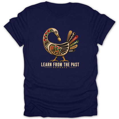 Navy t-shirt with a graphic of a colorful Sankofa bird and text "LEARN FROM THE PAST SANKOFA".