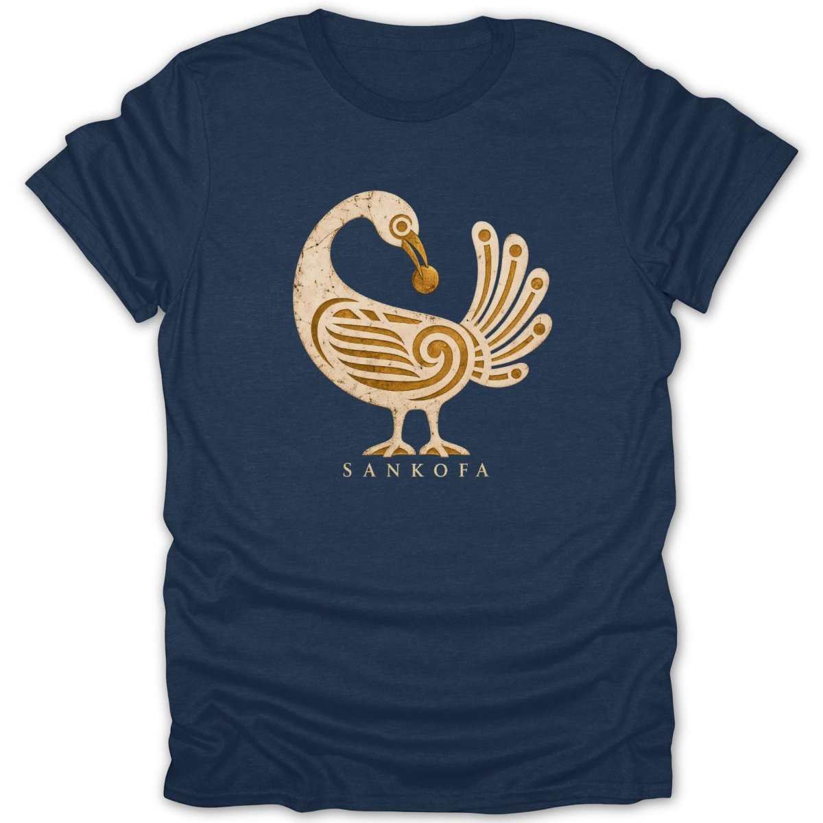 Navy t-shirt with a distressed gold Sankofa bird symbol and text.