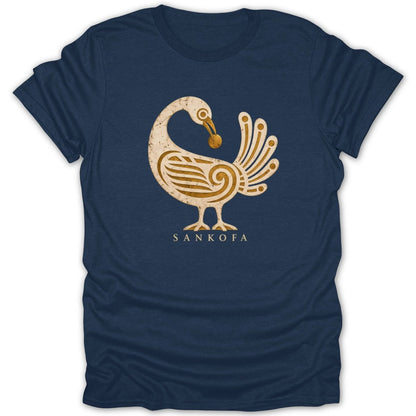 Navy t-shirt with a distressed gold Sankofa bird symbol and text.