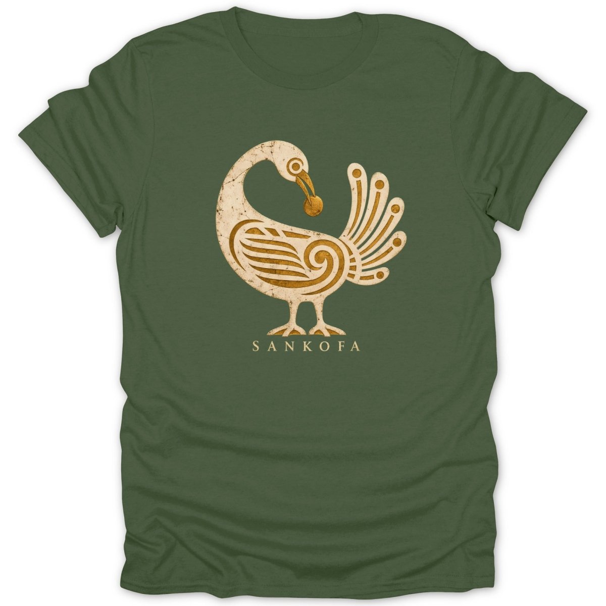 Green t-shirt with a distressed Sankofa bird graphic and text.
