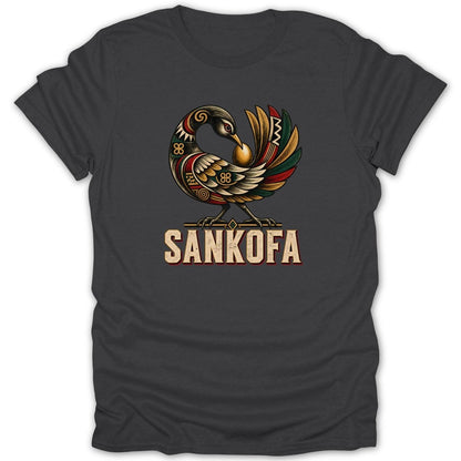 Sankofa bird graphic with gold egg and Sankofa text on dark grey t-shirt.