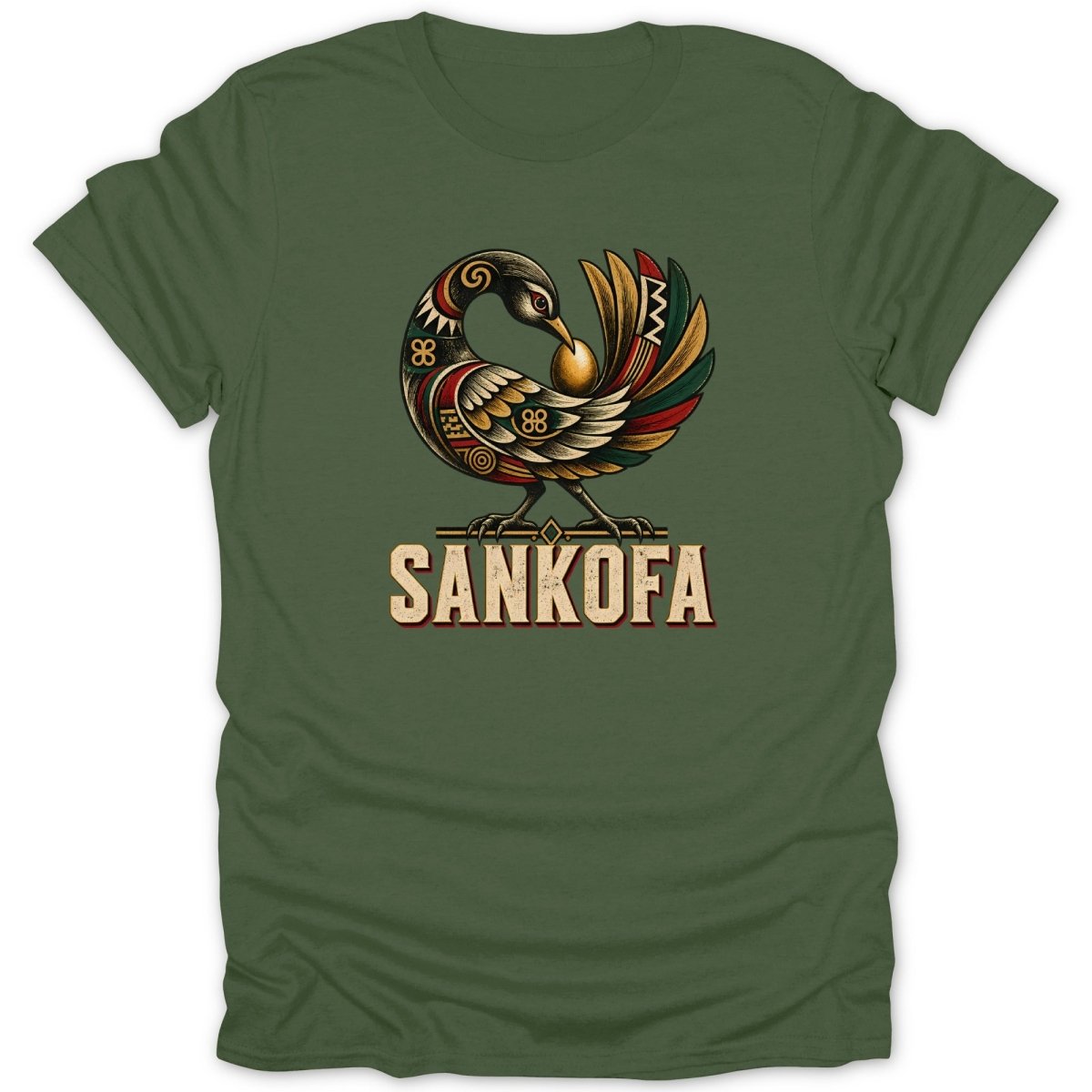 Green t-shirt with Sankofa bird holding an egg, text below reads SANKOFA.