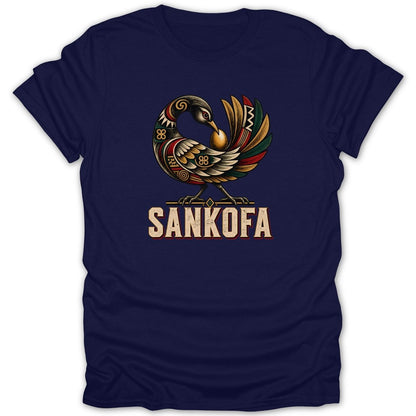 Navy t-shirt with Sankofa bird graphic and text "SANKOFA".