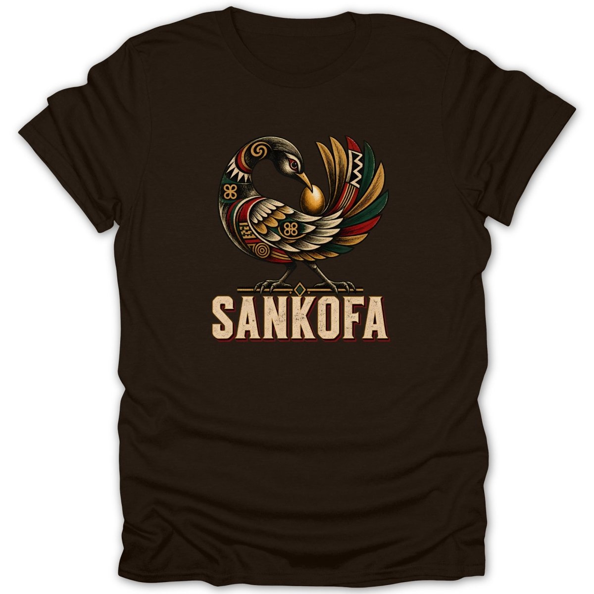 Brown t-shirt with colorful Sankofa bird graphic and text.