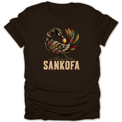 Brown t-shirt with colorful Sankofa bird graphic and text.