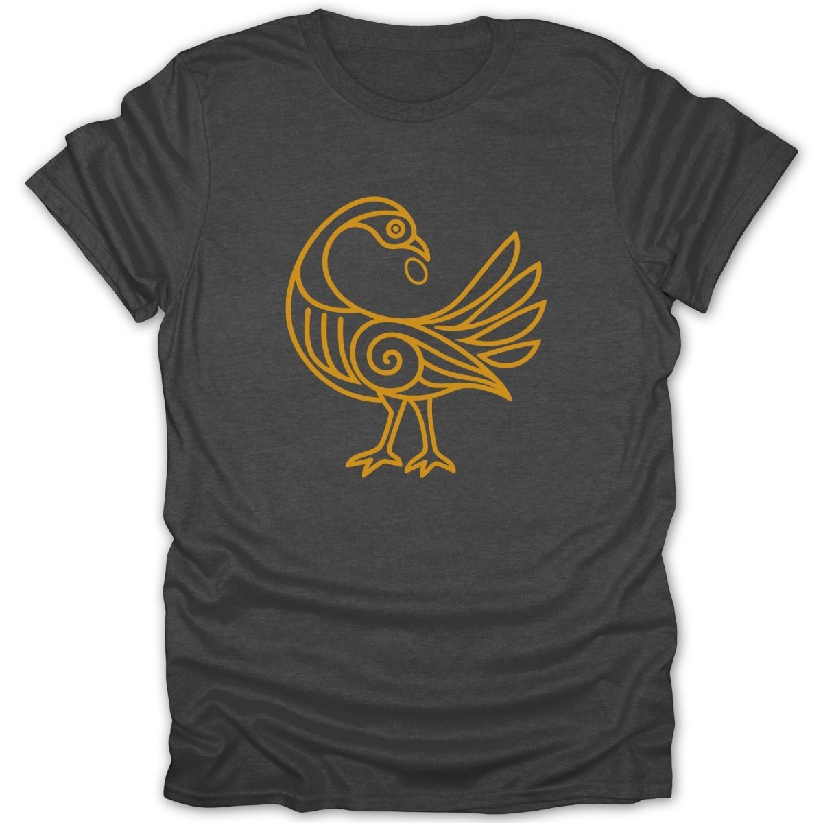 Dark t-shirt with gold line art of a stylized bird with a swirl on its body.