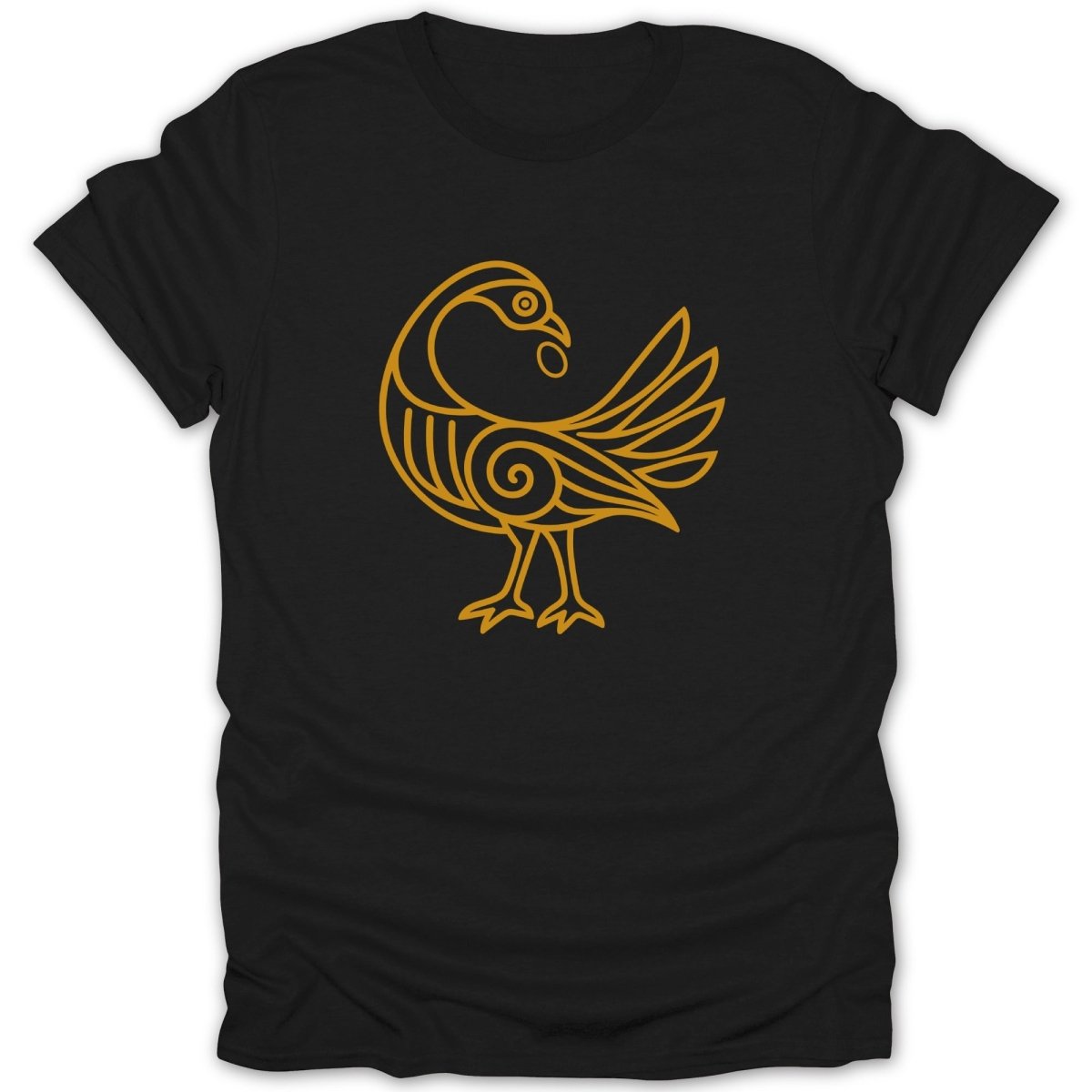 Black t-shirt with a gold line art design of a stylized bird.