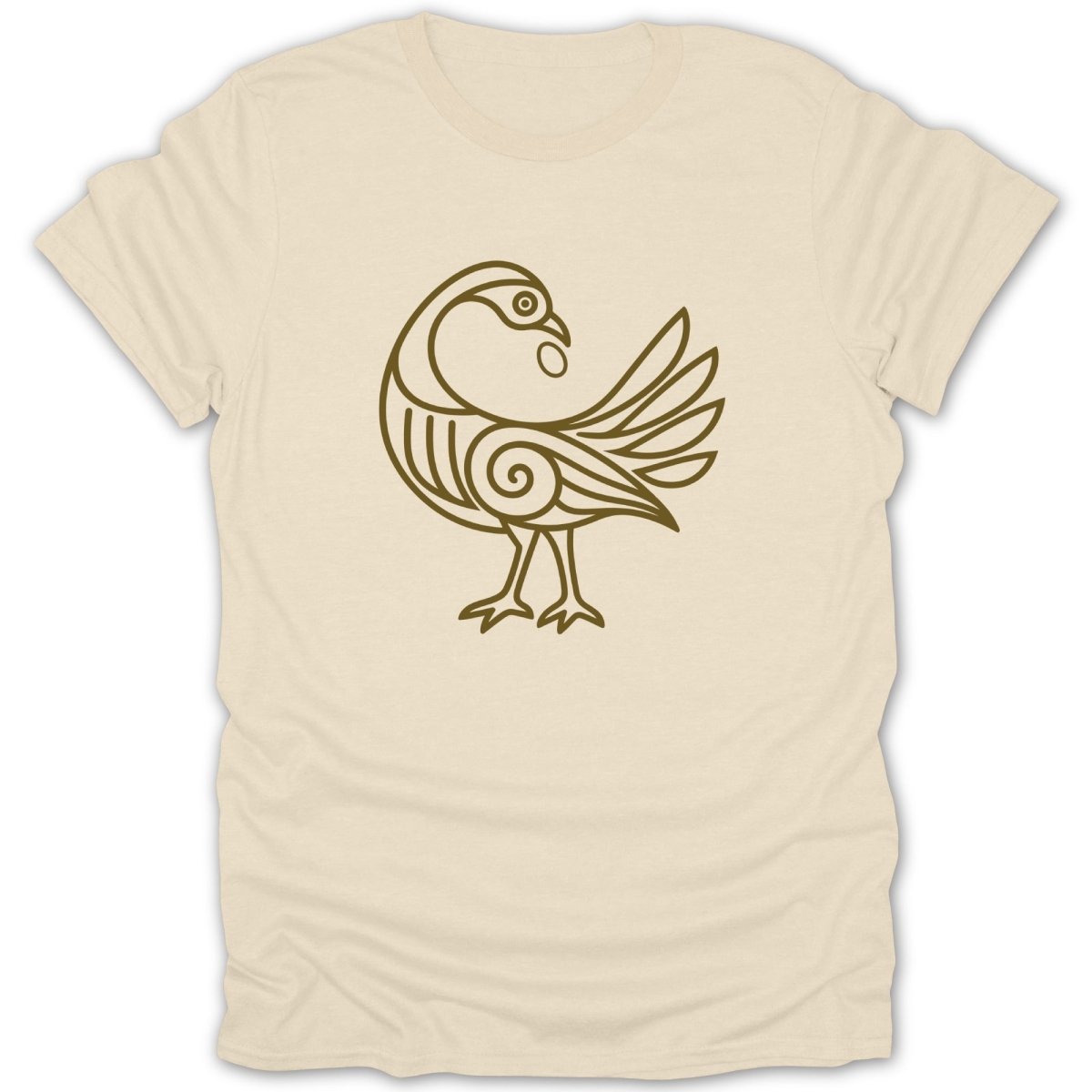 Cream t-shirt with brown outline of a stylized bird and abstract design.