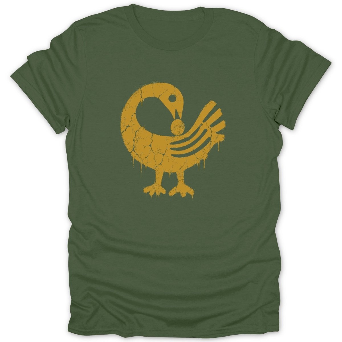 Distressed yellow Sankofa bird symbol on a green t-shirt.
