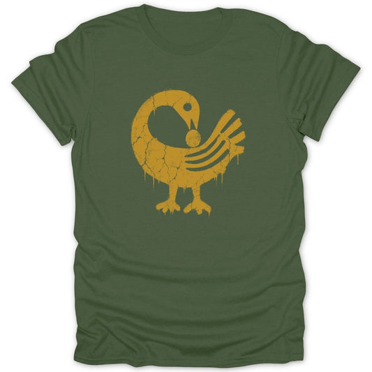 Distressed yellow Sankofa bird symbol on a green t-shirt.