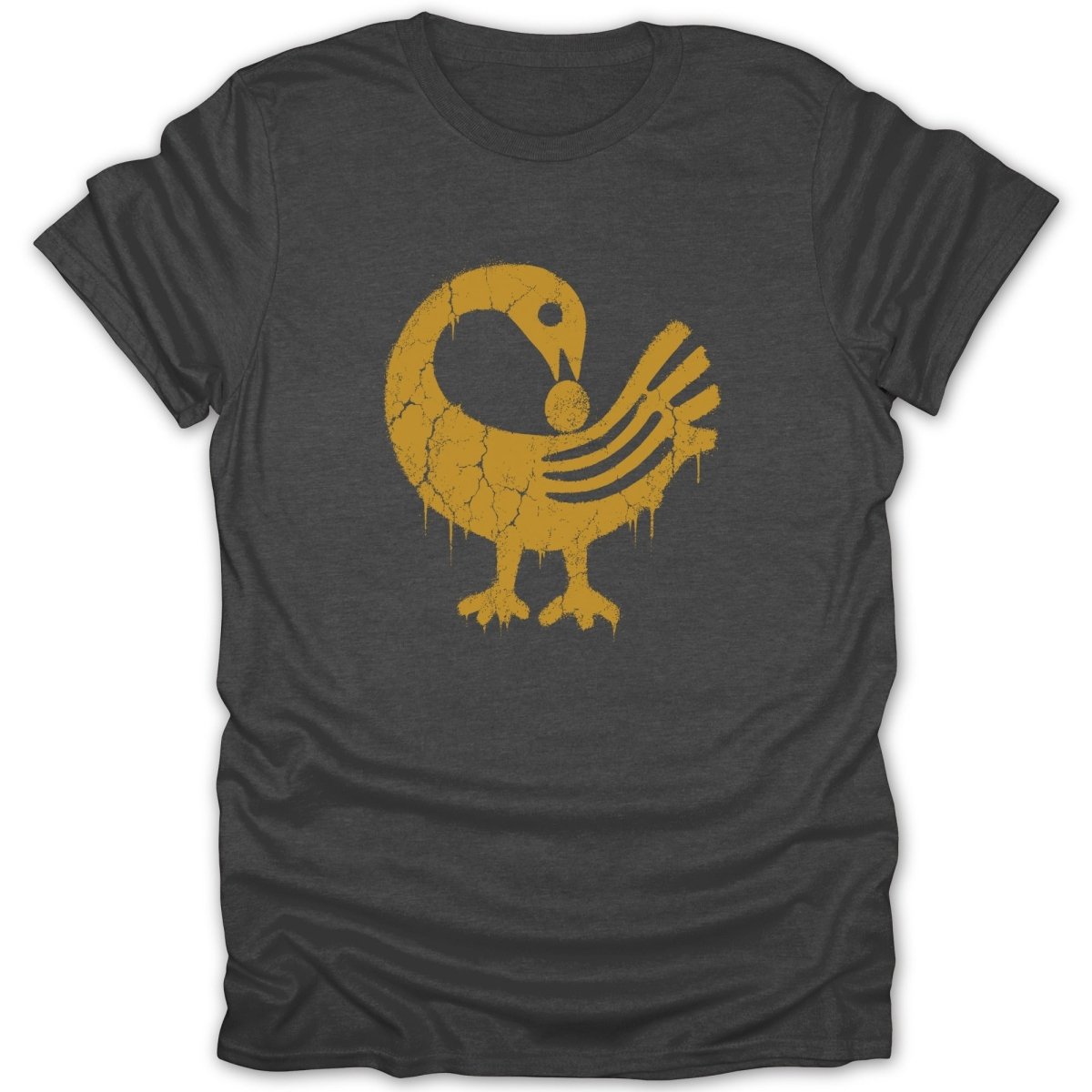 Dark grey t-shirt with distressed yellow Adinkra symbol of Sankofa bird and egg.