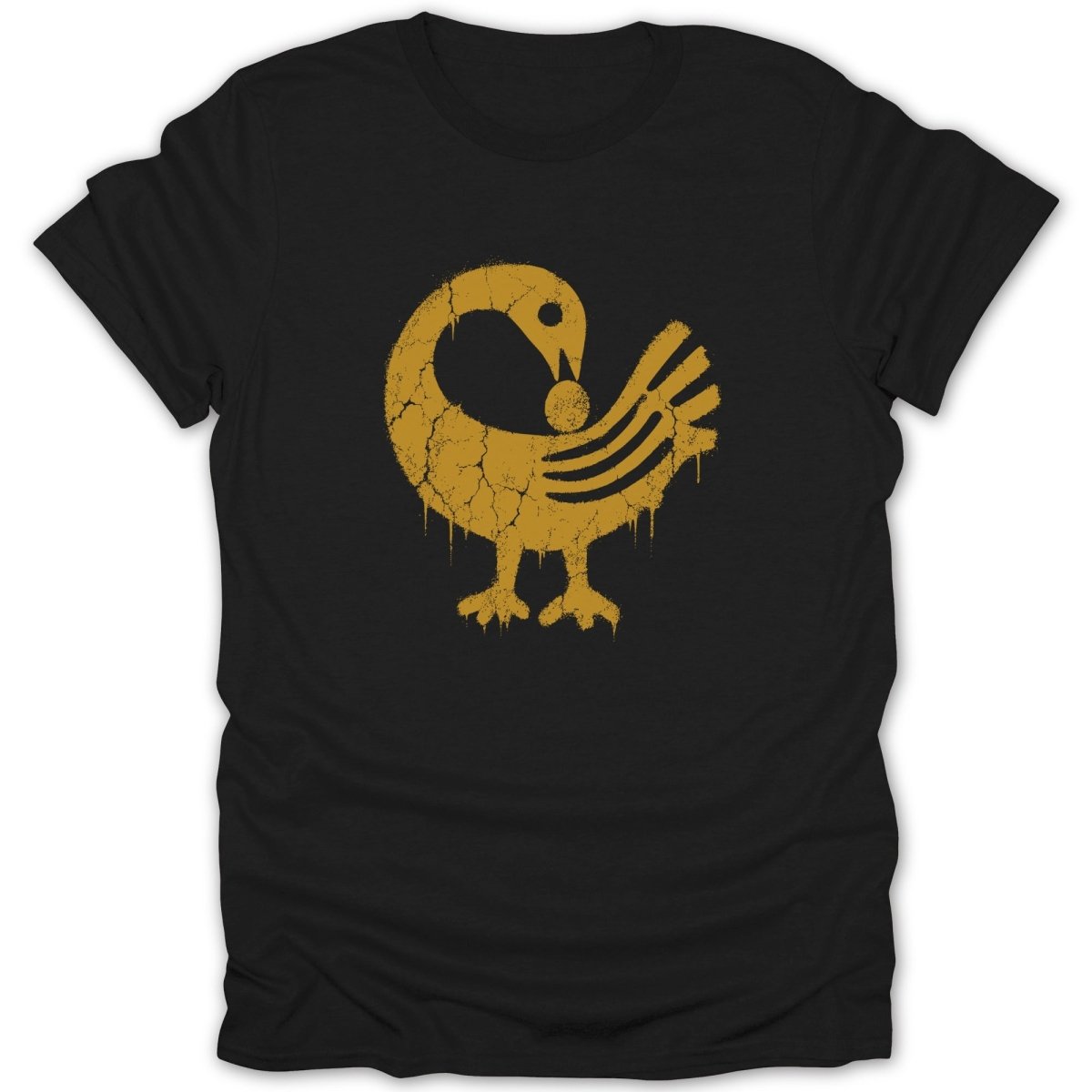 Black t-shirt with a distressed gold Sankofa bird symbol.