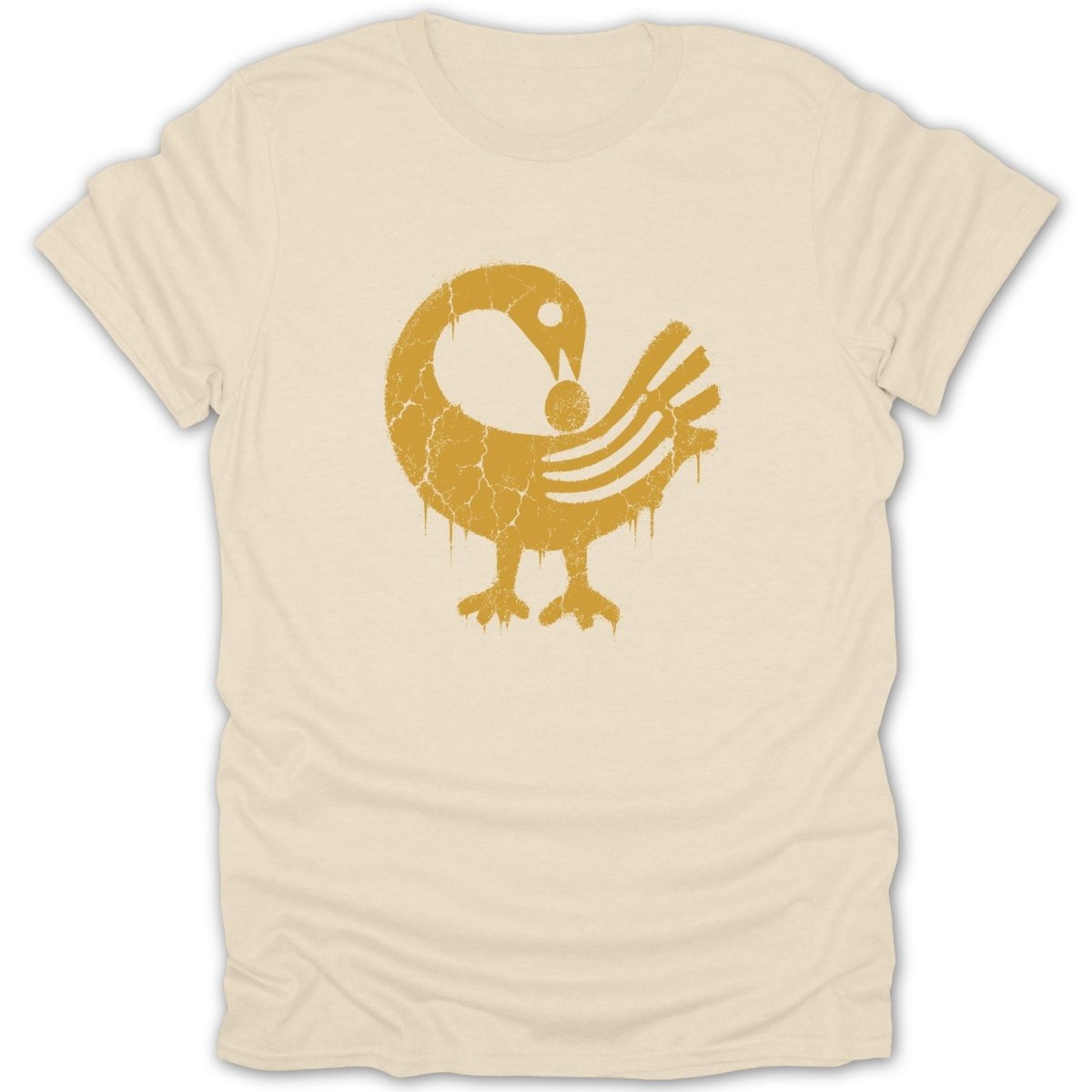 Cream t-shirt with distressed yellow Sankofa bird graphic.