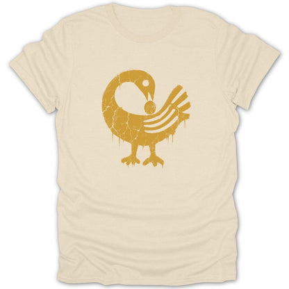 Cream t-shirt with distressed yellow Sankofa bird graphic.
