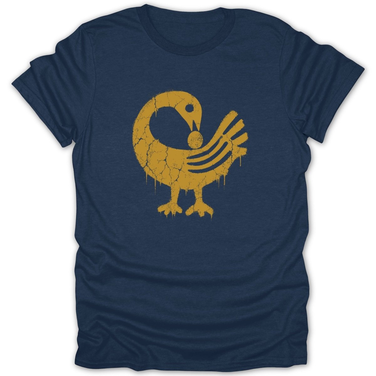 Navy t-shirt with distressed gold Sankofa bird symbol.