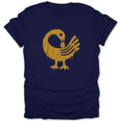 Dark navy t-shirt with distressed gold Sankofa bird symbol.