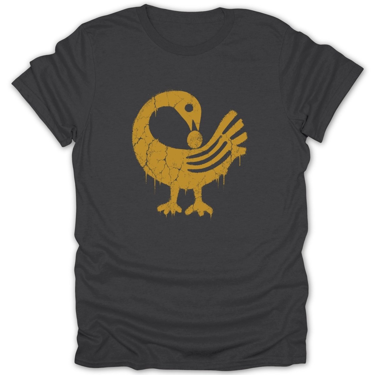 Dark gray t-shirt with a distressed yellow Sankofa bird symbol.