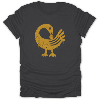 Dark gray t-shirt with a distressed yellow Sankofa bird symbol.